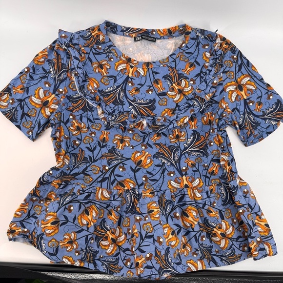 Zara Tops - Zara Exaggerated Ruffle Floral Print Blouse Top Short Sleeve Blue Orange Medium
